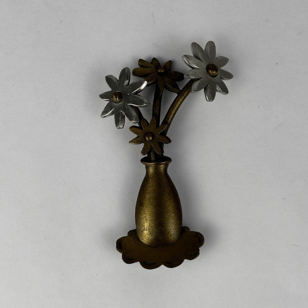 Vintage Vase Of Flowers Brooch Pin Pewter Gold Tone Signed JJ Jonette Jewelry